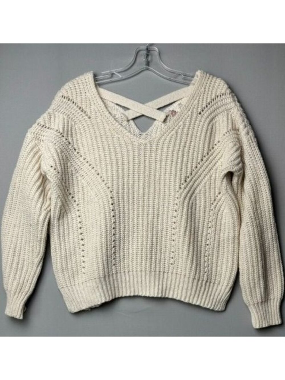 Pink Rose Women's L Cream Chunky Knit Sweater Criss Cross Back Boho Oversized